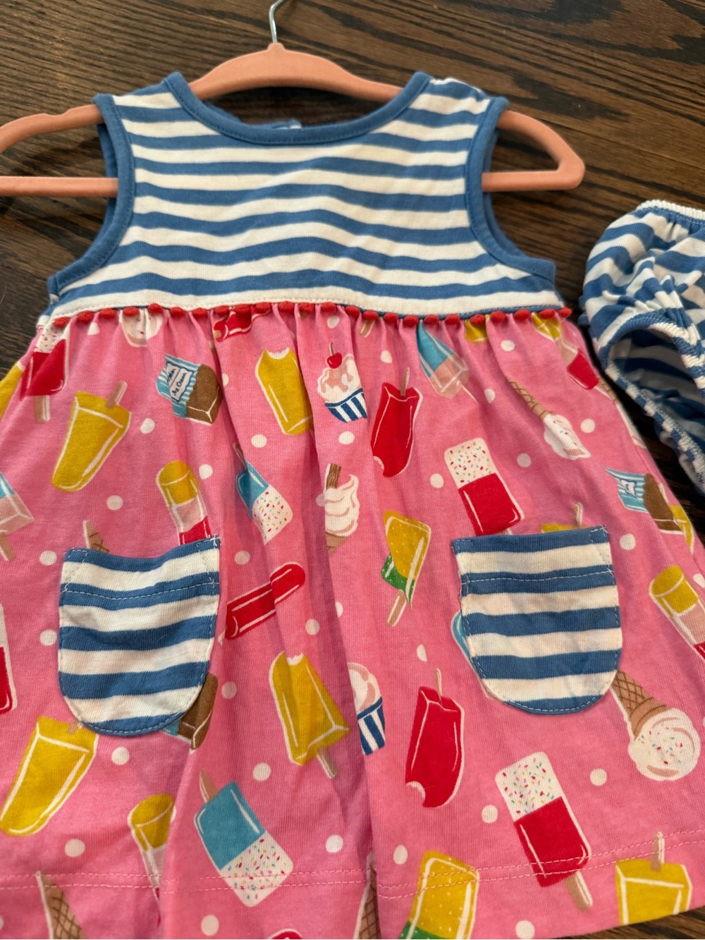 Baby Boden Pink & Blue Ice Cream Print Dress with Striped Bloomers - Picture 2 of 5